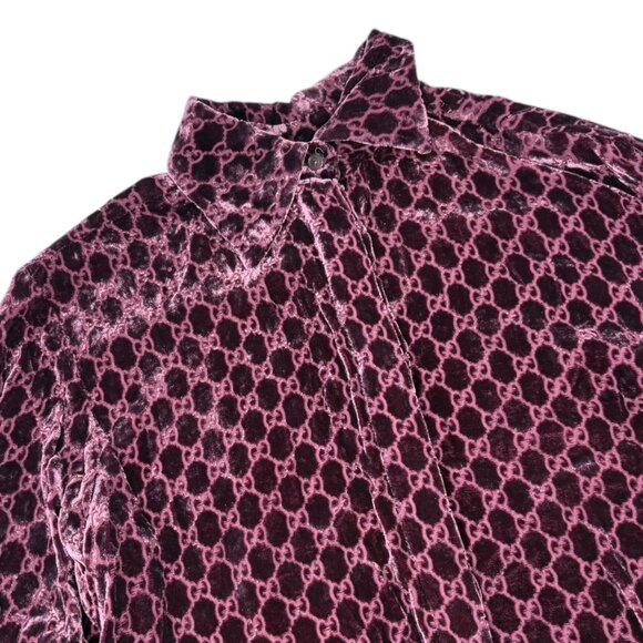 GUCCI Vintage Velour Button Up Shirt Top Purple GG Monogram Logo Silk [106237] - Picture 5 of 13